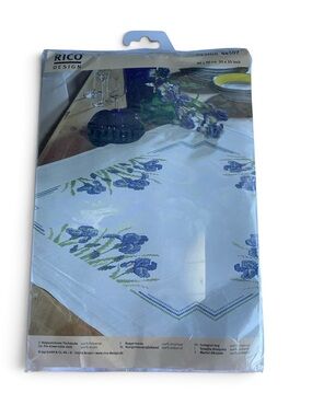 Vintage Rico Design Blue Iris Tablecloth Stamped Embroidery Kit Complete